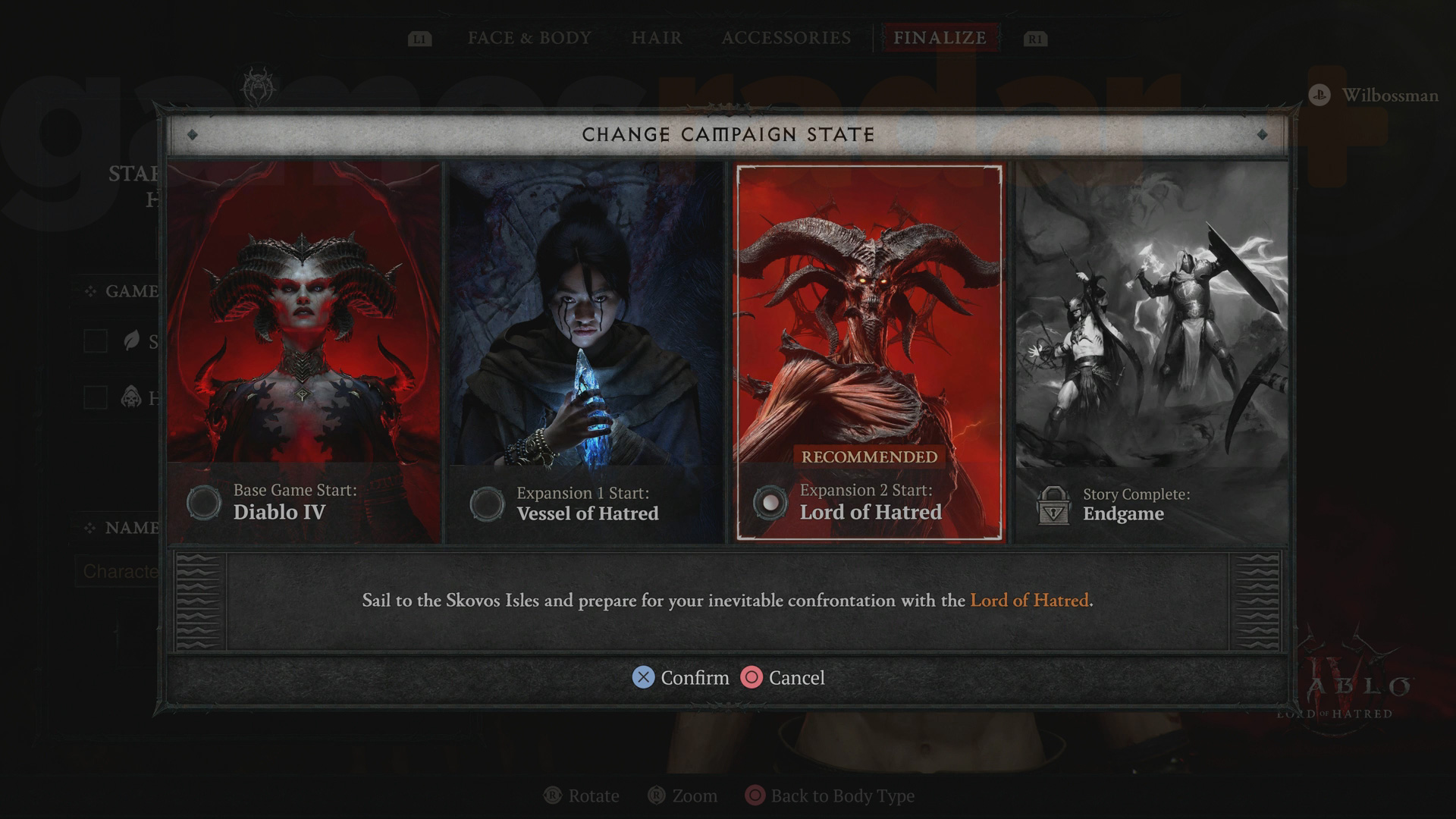 Using the Change Campaign State option to start the Diablo 4 Lord of Hatred campaign