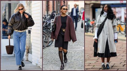 woman wearing bomber jacket, jeans, loafers and socks; woman wearing cardigan, Bermuda shorts, loafers, and socks; woman wearing button-down, coat, skirt, loafers, and socks 