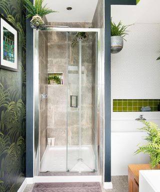 bathroom with glass door and shower area