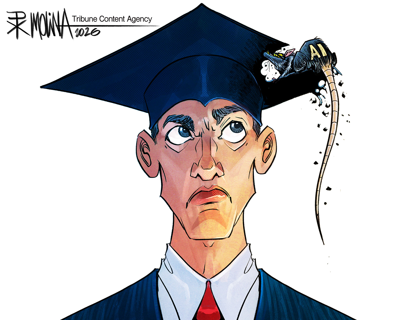 This cartoon depicts a male college graduate looking angrily up at a rat named &amp;ldquo;AI&amp;rdquo; that is nibbling away at his cap.