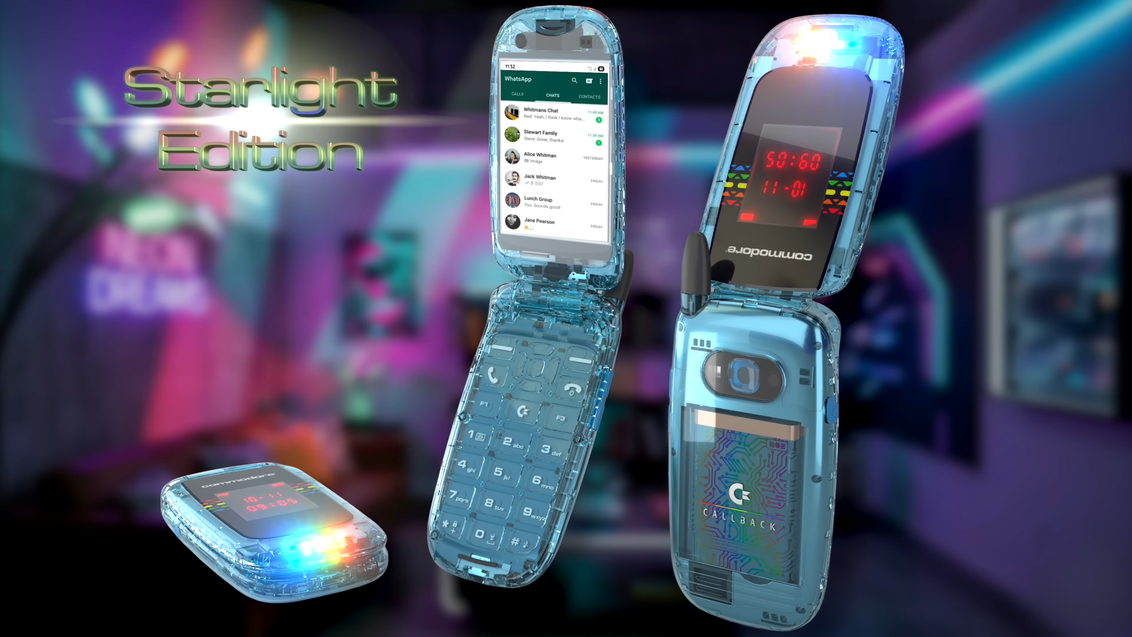 The Commodore Callback 8020 smart-ish flip phone is seen from various angles.