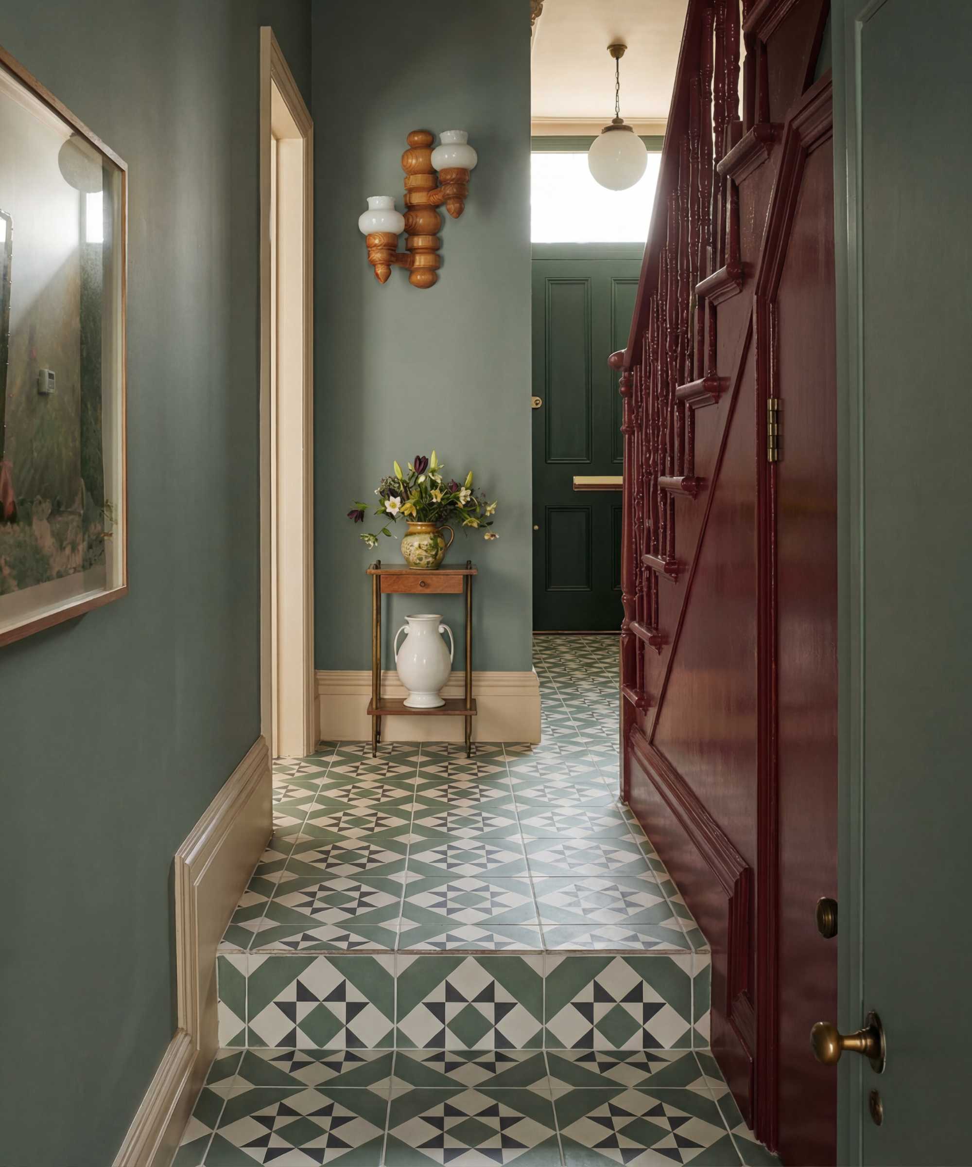 tiled floor that drops down into a staircase