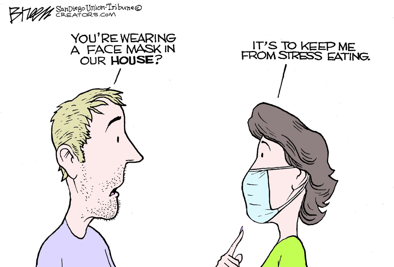 Editorial Cartoon U.S. wear mask inside stops stress eating