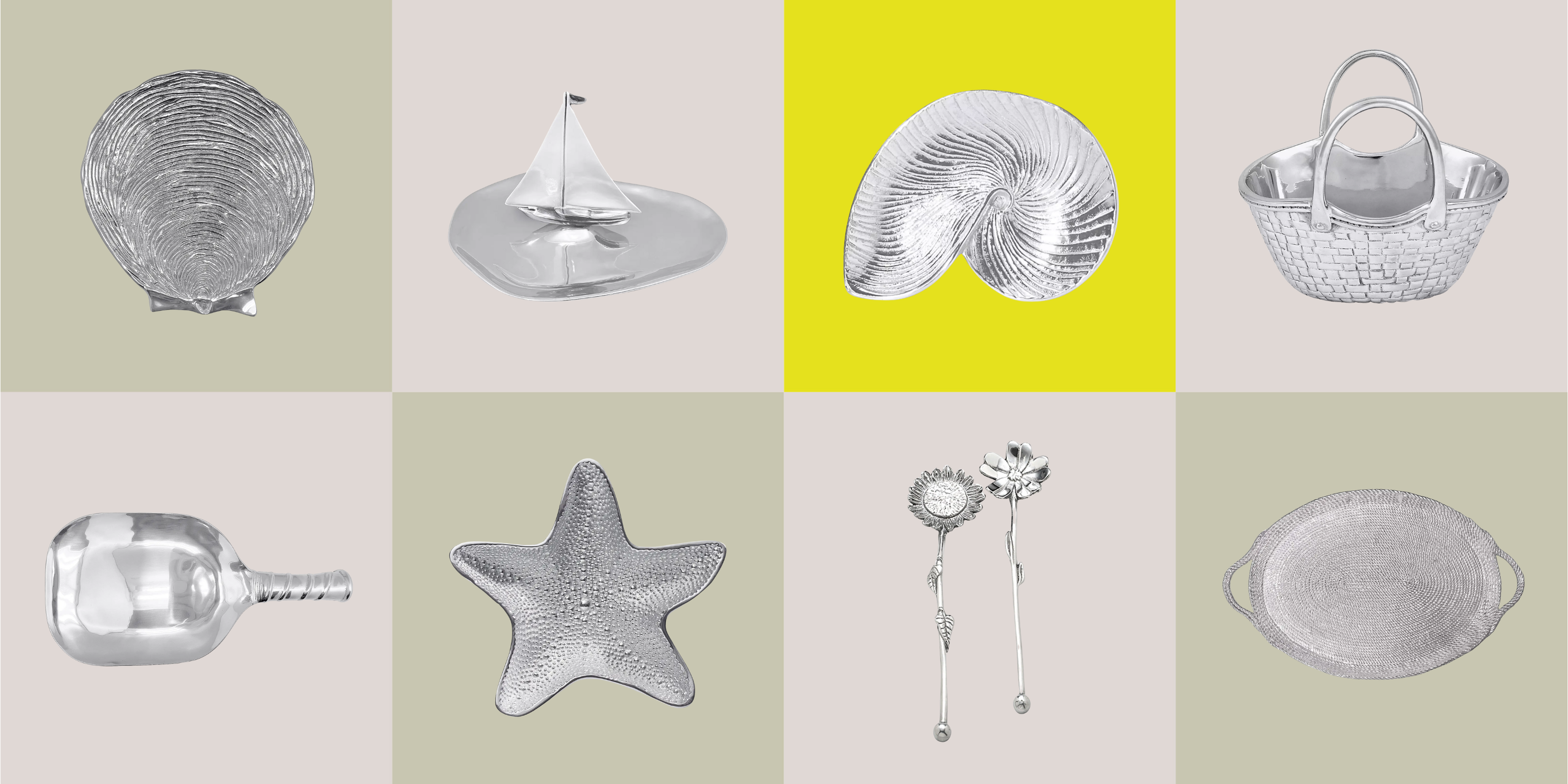 a collection of various serveware products in a silver finish