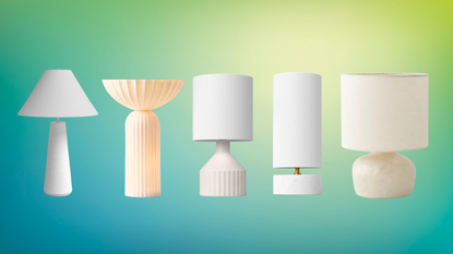 a collection of white table lamps on a colorful background