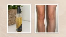 (L-R) Image of St Tropez Luxe Body Serum bottle in front of green plant with rattan pot and our tester showing the left leg with the tan on and right without, on a beige background