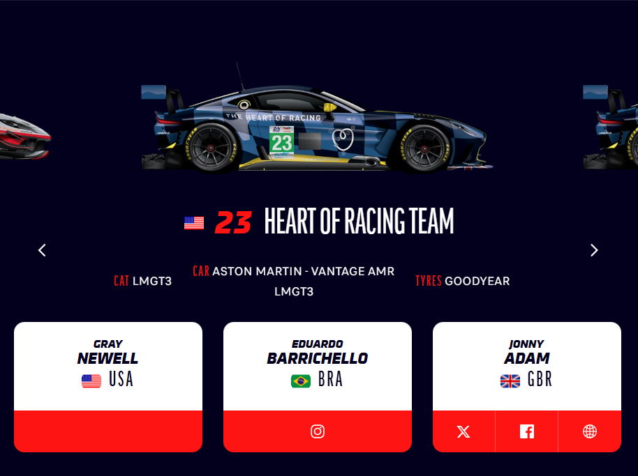 24 Hours of Le Mans website showing UI of Heart of Racing Team including Gray Newell