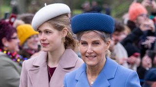 Lady Louise Windsor and Sophie, Duchess of Edinburgh walk to attend the Christmas Morning Service at St Mary Magdalene Church on December 25, 2024