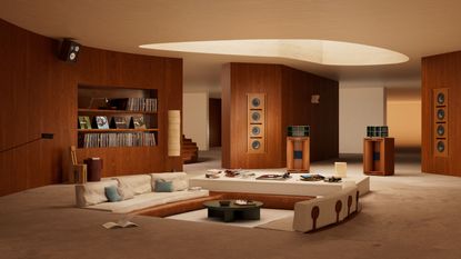 Image of a large, spacious room that is covered in carpet and has a conversation pit in the center. There are low white sofas and a white bar with a record player sound system.