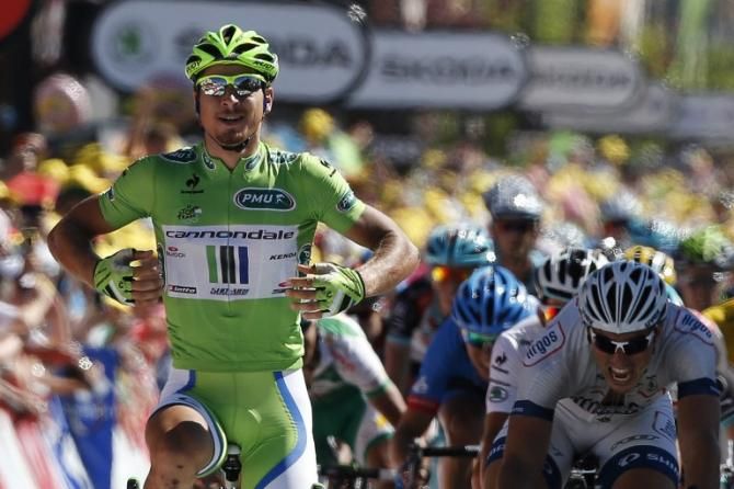 Points leader Peter Sagan (Cannondale) celebrates victory in stage 7 of the Tour de France.