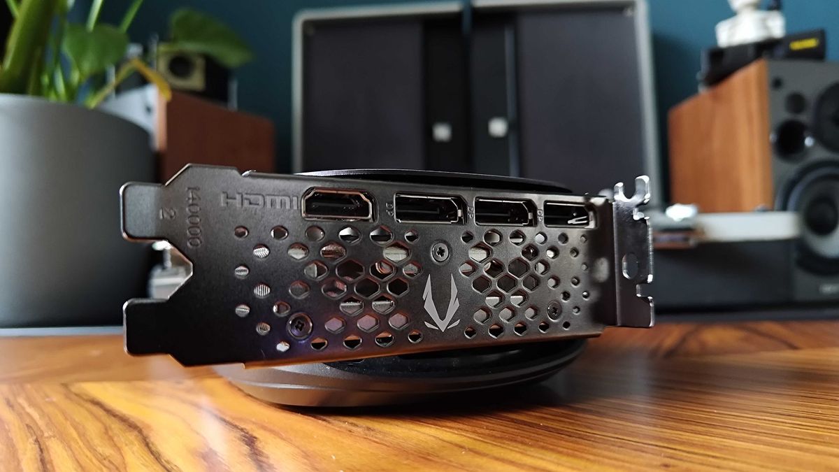 Nvidia GeForce RTX 4070 Super graphics card with ports facing forward