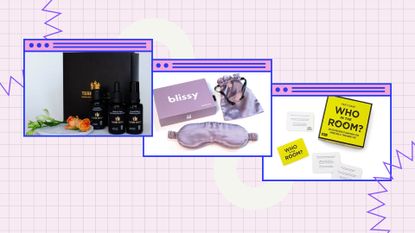 Three products from the My Imperfect Life gifts for Libras gift guide - a skin care gift set, a sleep mask and a Who in the Room party game on a purple background