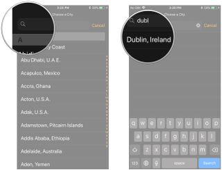 Add a city to the World Clock: Tap the search bar, type the name of a city, tap the city
