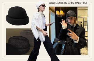 a collage of runway, celebrity, and product imagery highlighting the Gigi Burris Sharina Hat