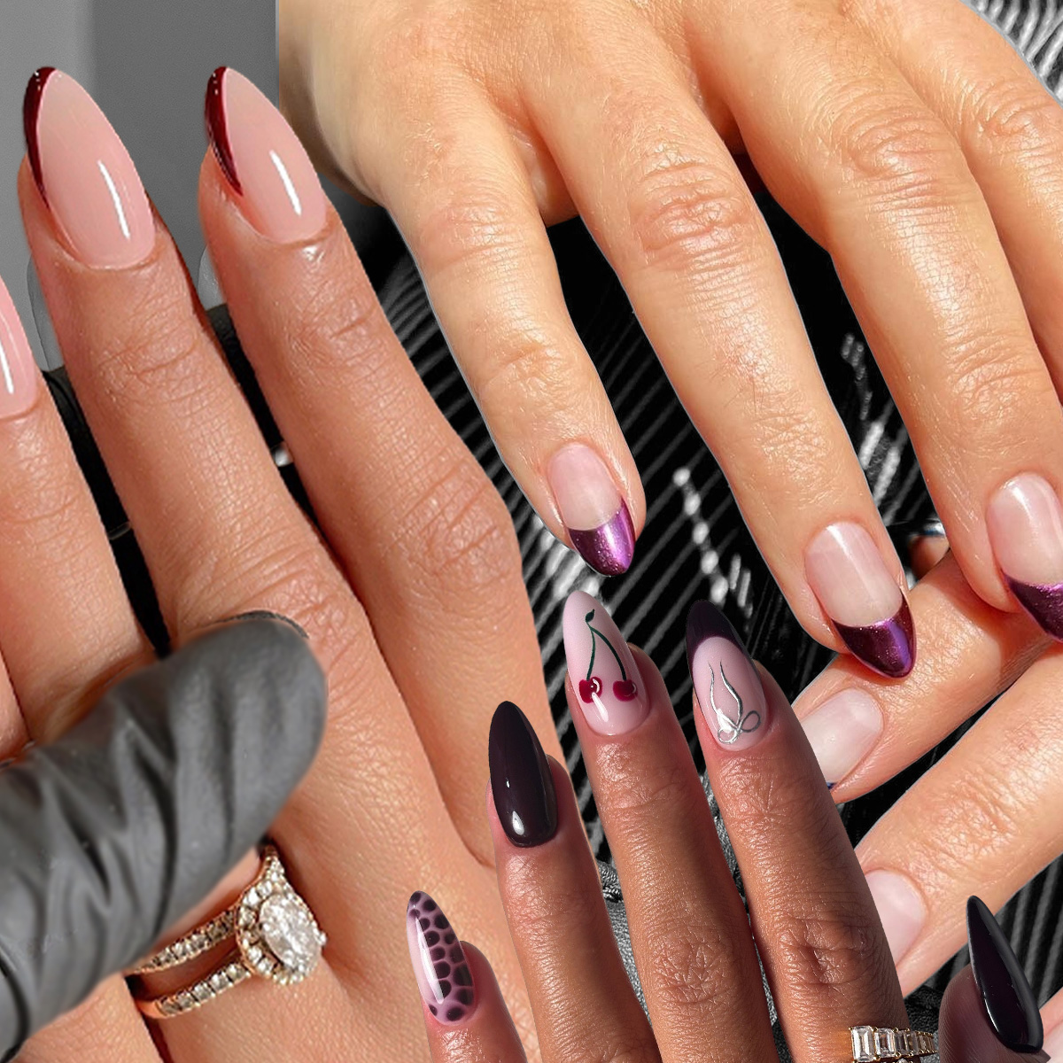 Photo collage of dark purple French nail designs