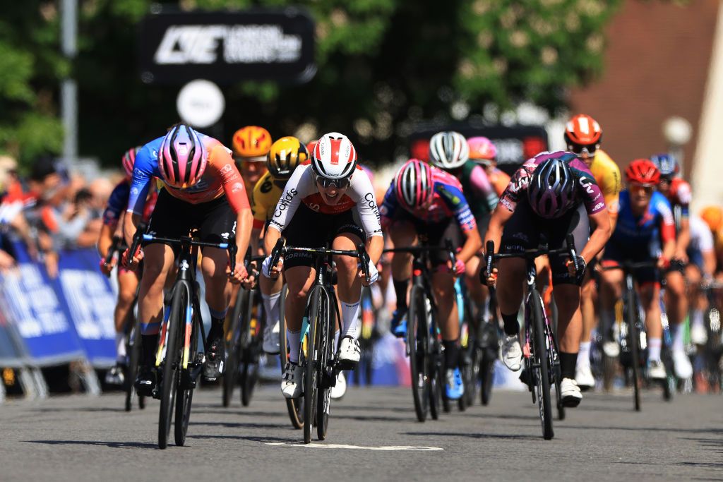 COLCHESTER ENGLAND MAY 26 LR Sofia Bertizzolo of Italy and Team UAE Team ADQ and Valentine Fortin of France Cofidis Women Team and Rachele Barbieri of Italy and Team Liv Racing TeqFind sprint at finish line during the 6th RideLondon Classique 2023 Stage 1 a 1464km from Saffron Walden to Colchester UCIWWT on May 26 2023 in Colchester England Photo by Stephen PondGetty Images