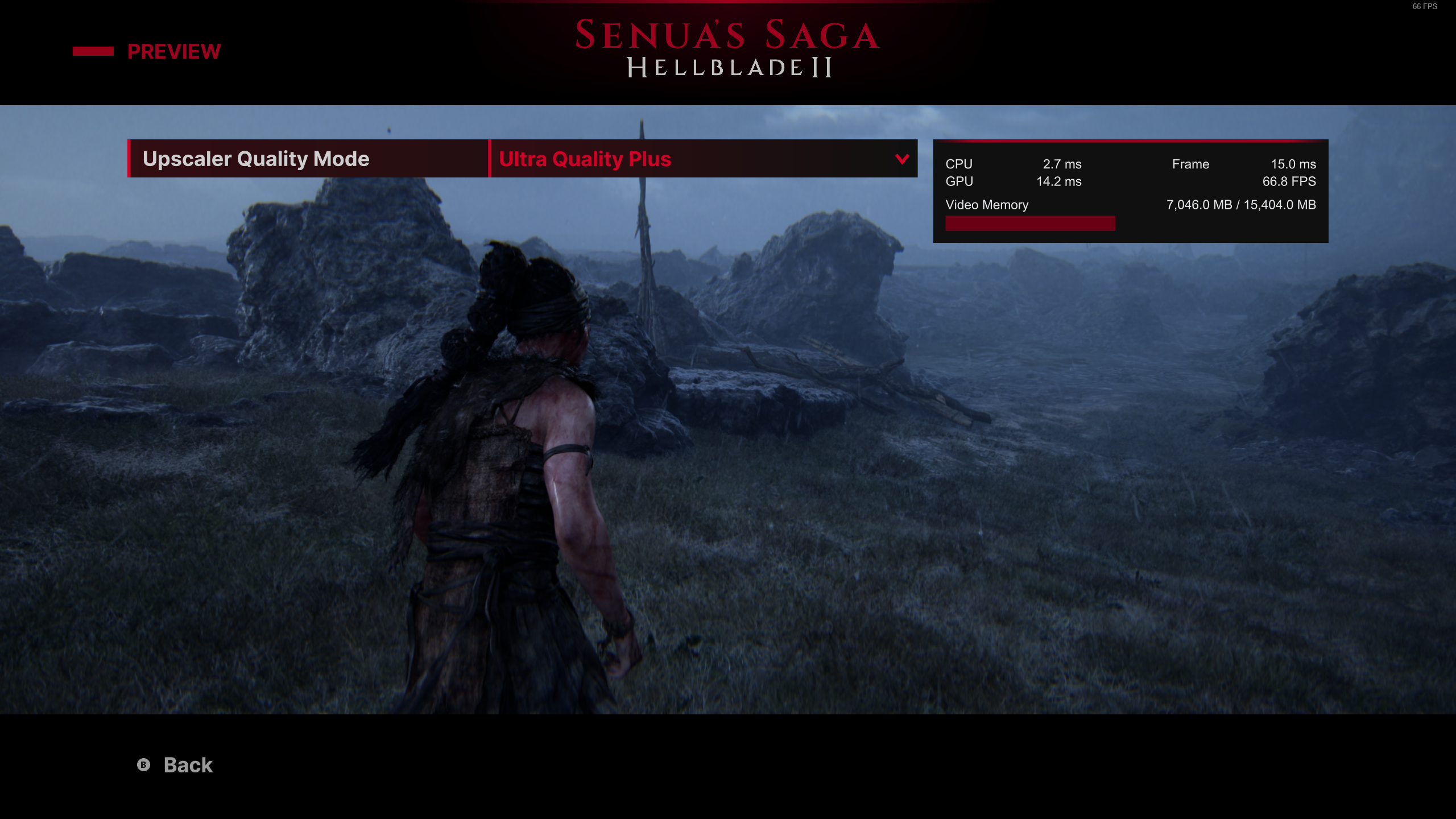 A screenshot from Senua's Saga: Hellblade 2 showing the settings preview