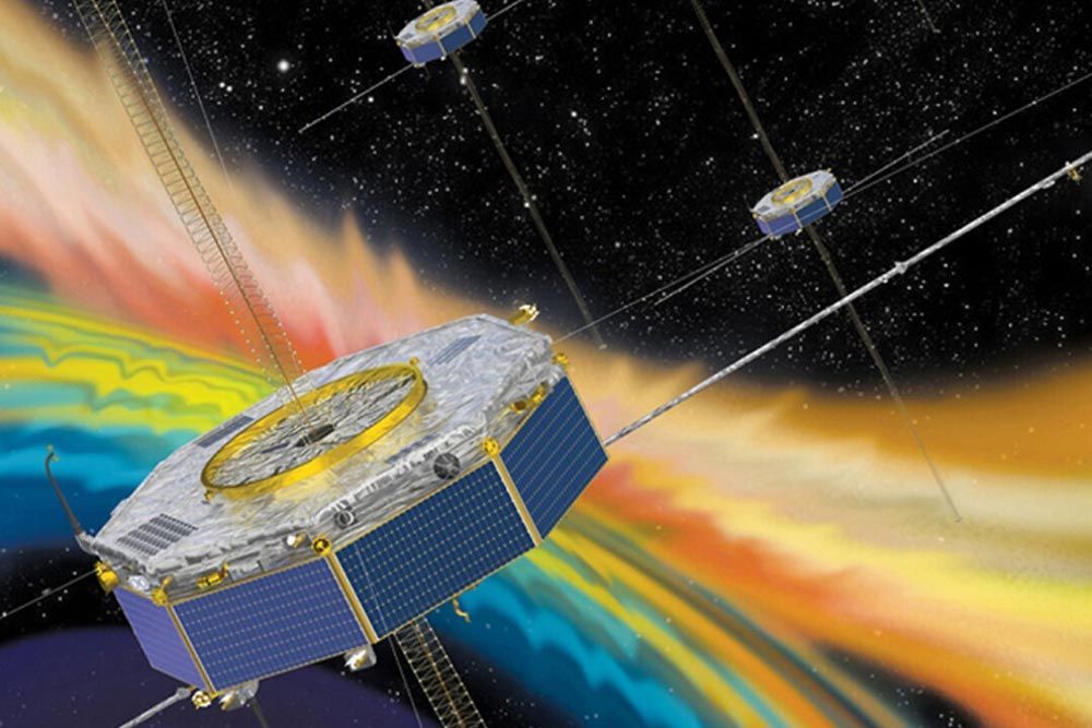 Illustration of the Magnetospheric Multiscale Mission passing through plasma in space.