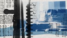 Photo collage of a drill and glaciers in Antarctica, overlaid with the periodic table of elements