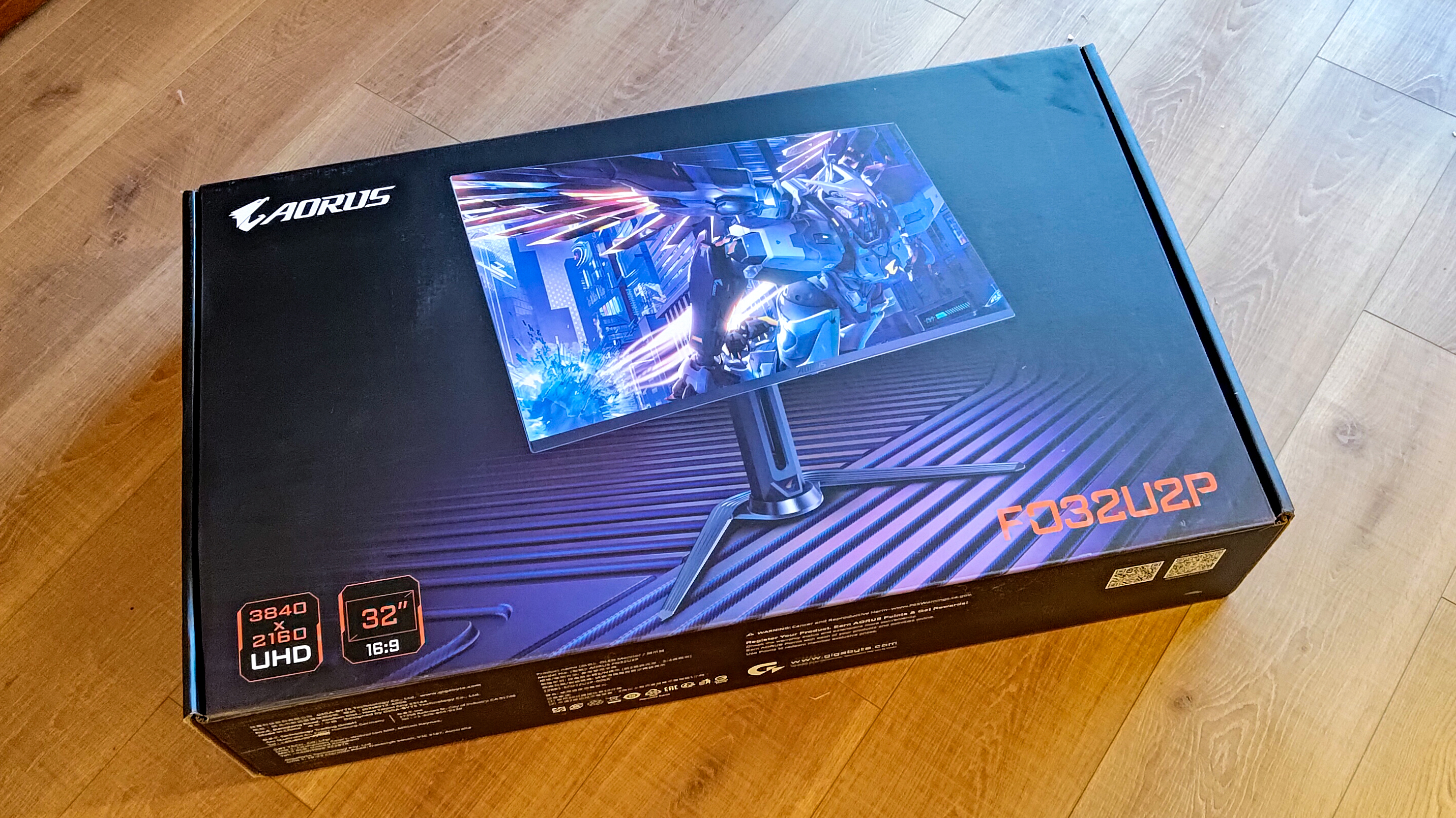 The packaging for the Gigabyte Aorus FO32U2P gaming monitor