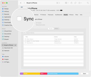 To sync books to your iPhone or iPad, check the box Sync Books onto your device, then check to sync All books or Selected books.