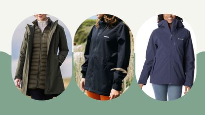 composite of three models wearing the best waterproof jackets for women from Mountain Warehouse, Finisterre, Columbia