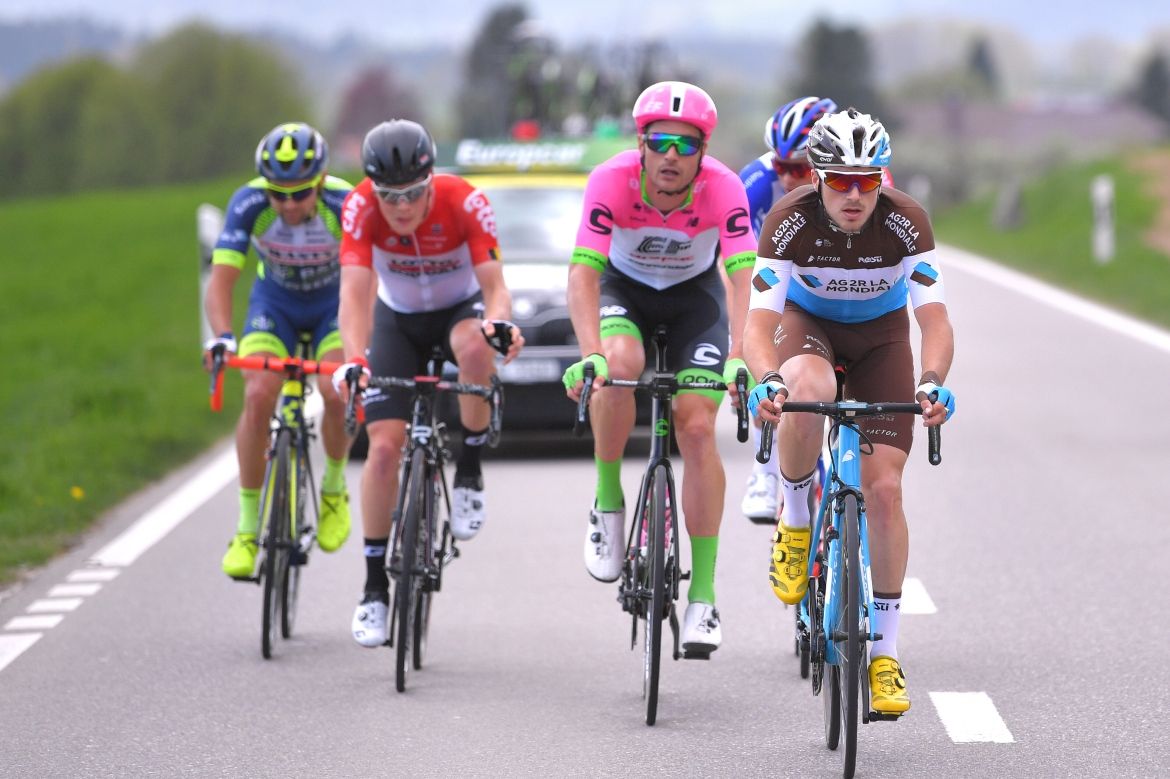 The breakaway on stage 1 of the Tour de Romandie: Marco MInnard, Remy Merz, Will Clarke, Alexis Gougeard and Antoine Duchesne