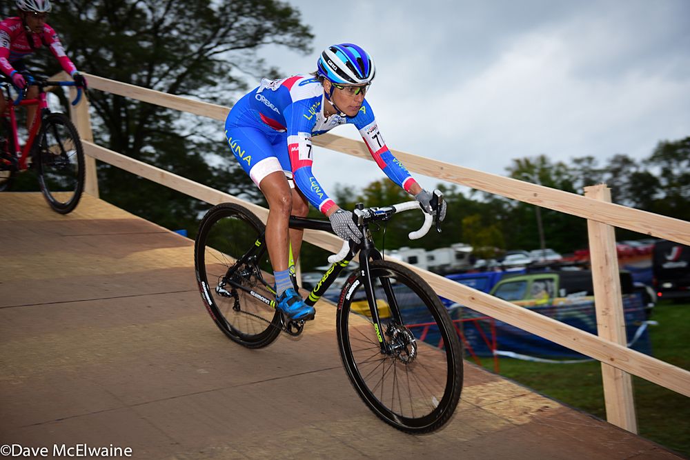 Katerina Nash (Luna Pro Team) descending one of the four flyovers early in the first lap