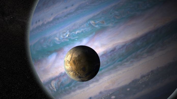 An artist&#039;s illustration of a potentially habitable exomoon orbiting a giant planet in a distant solar system.