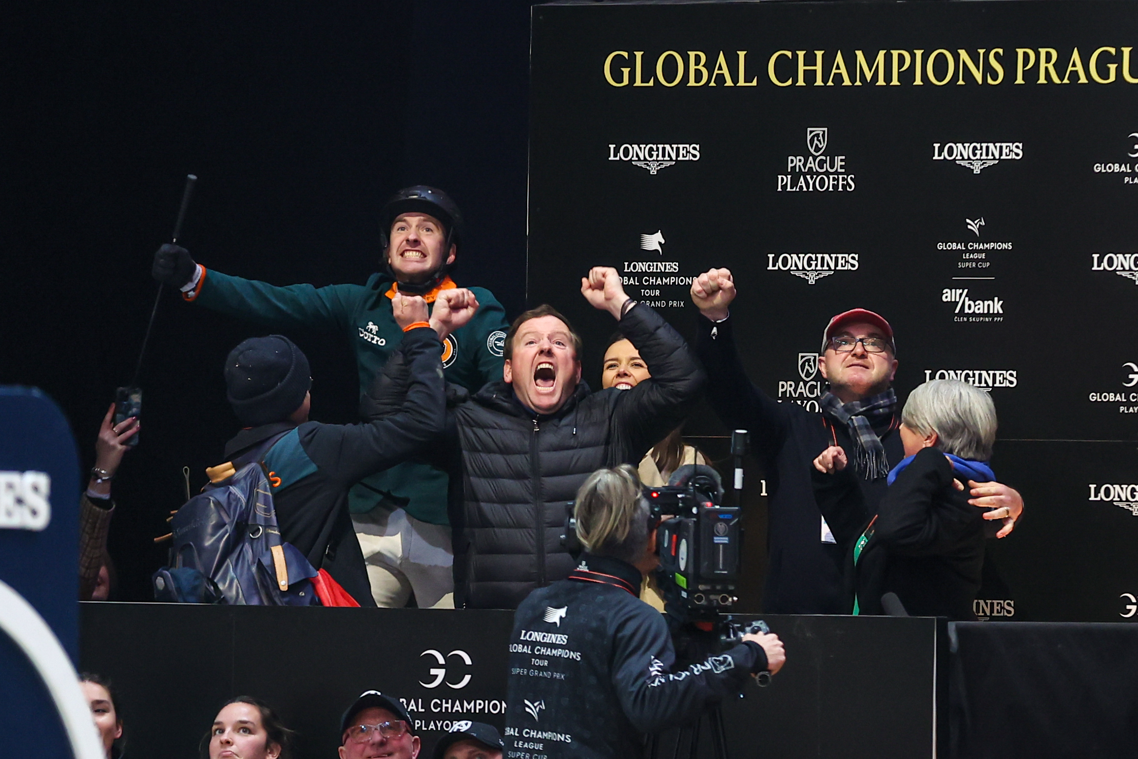 Showjumping results: Miami Celtics riders and connections erupt in the Prague Playoffs kiss and cry after Edouard Schmitz clinched victory for the team in the GCL Super Cup