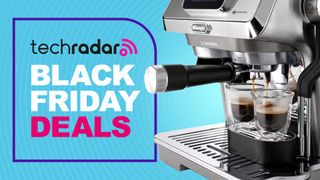 Close-up of De'Longhi coffee maker pouring espresso with text 'TechRadar Black Friday deals'