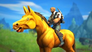 The awful horse photoshopped onto a horse mount from World of Warcraft.