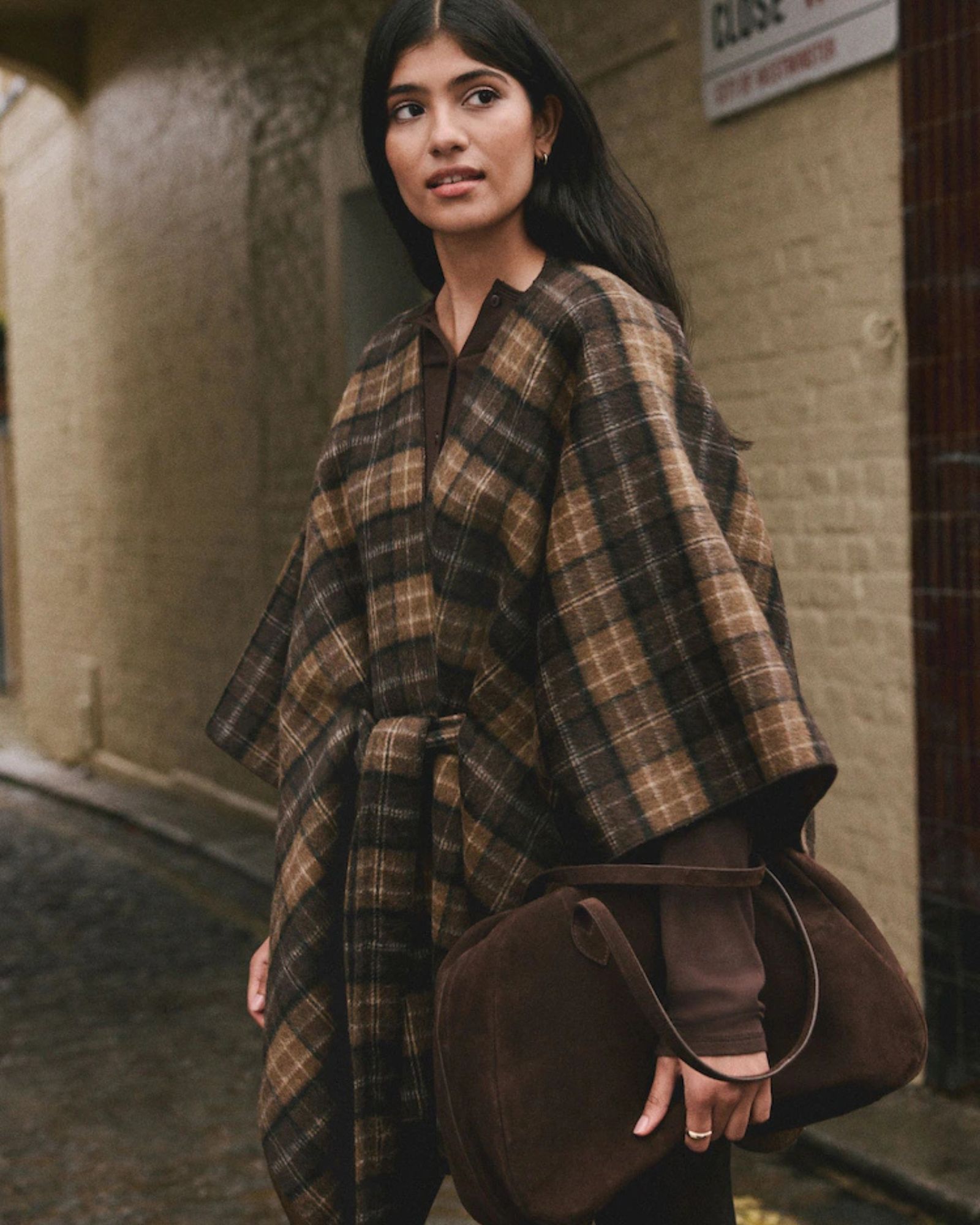 Next Brown Check Wrap Front Cape Poncho