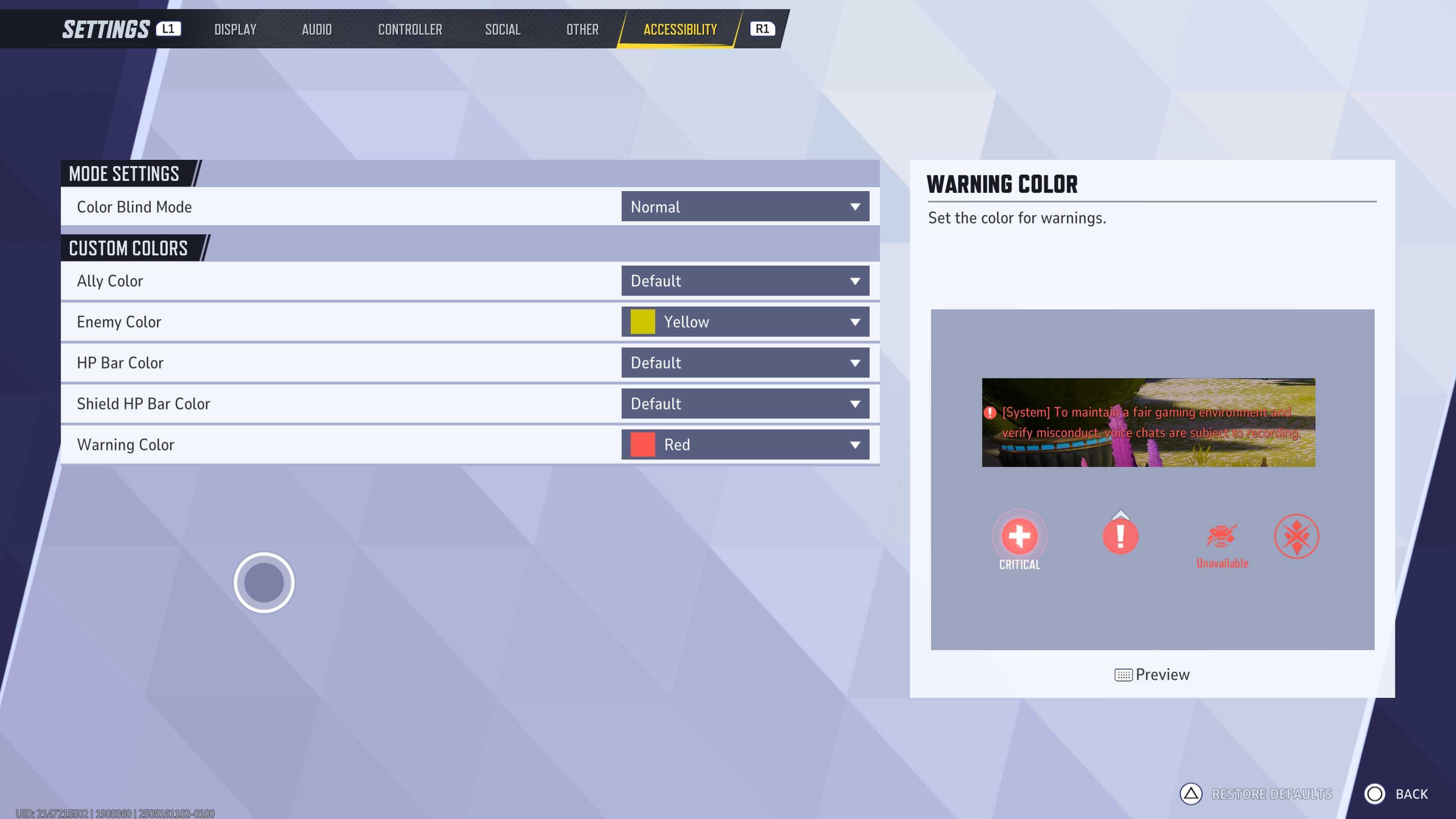 The Accessibility menu in Marvel Rivals with the Warning Color option highlighted