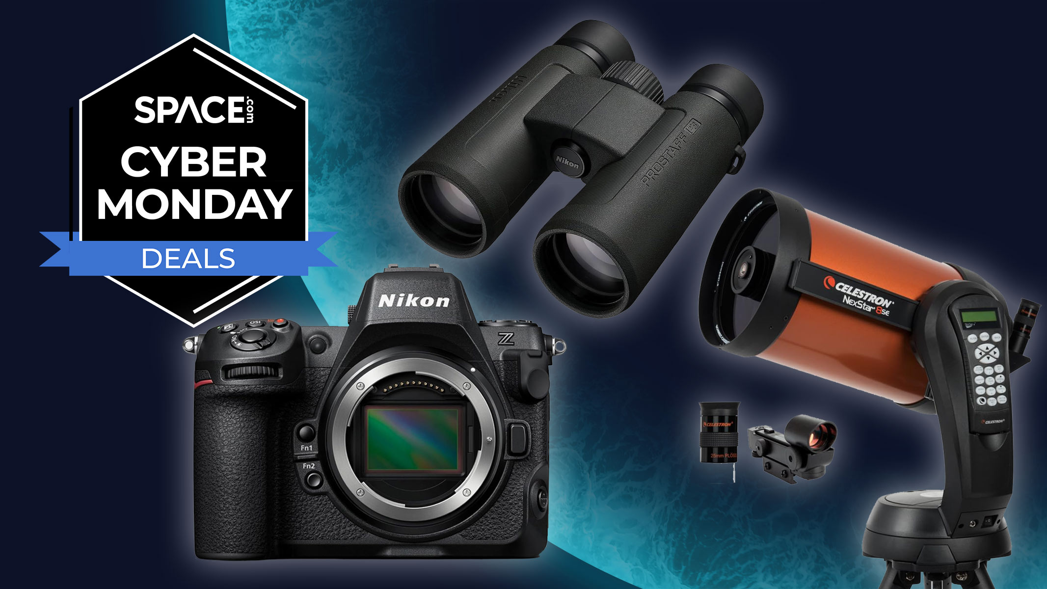 Binoculars, telescope and camera on a blue planet background with a Space.com Cyber Monday deals badge in the upper left corner.