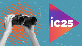 Binoculars in a pair of hands looking at the InfoComm 2025 logo. 