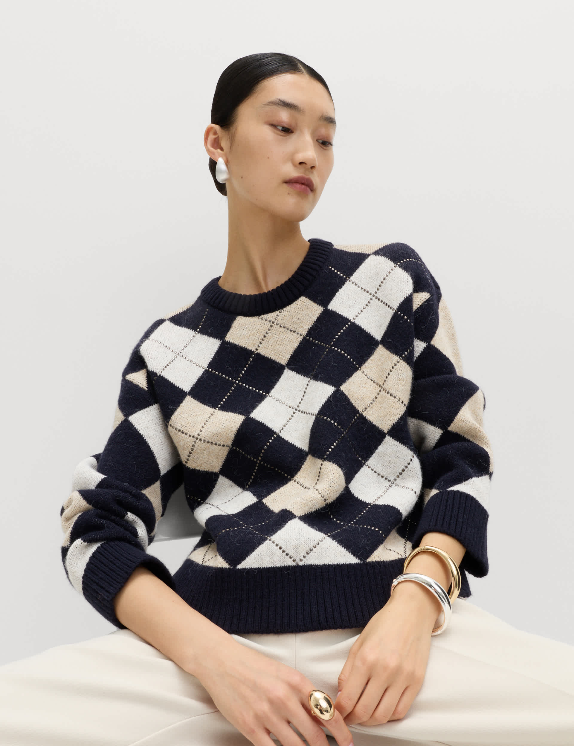 Argyle Crew Neck Slim Fit Jumper With Wool