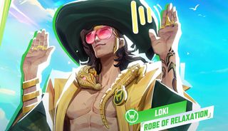 A close-up of Loki in Marvel Rivals wearing a cloak with a golden alligator wrapped around his neck