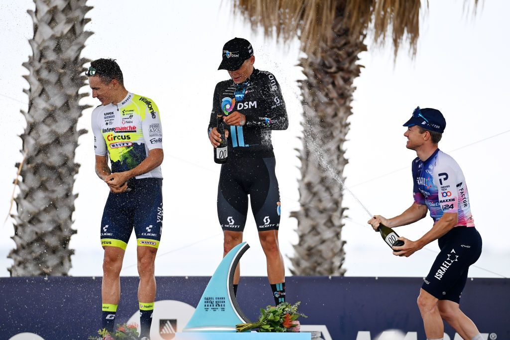 GEELONG AUSTRALIA JANUARY 29 LR Hugo Page of France and Team Intermarch Circus Wanty on second place race winner Marius Mayrhofer of Germany and Team DSM and Simon Clarke of Australia and Team Israel Premier Tech on third place celebrate on the podium ceremony after the 7th Cadel Evans Great Ocean Road Race 2023 Mens Elite a 1743km one day race from Geelong to Geelong CadelRoadRace on January 29 2023 in Geelong Australia Photo by Tim de WaeleGetty Images