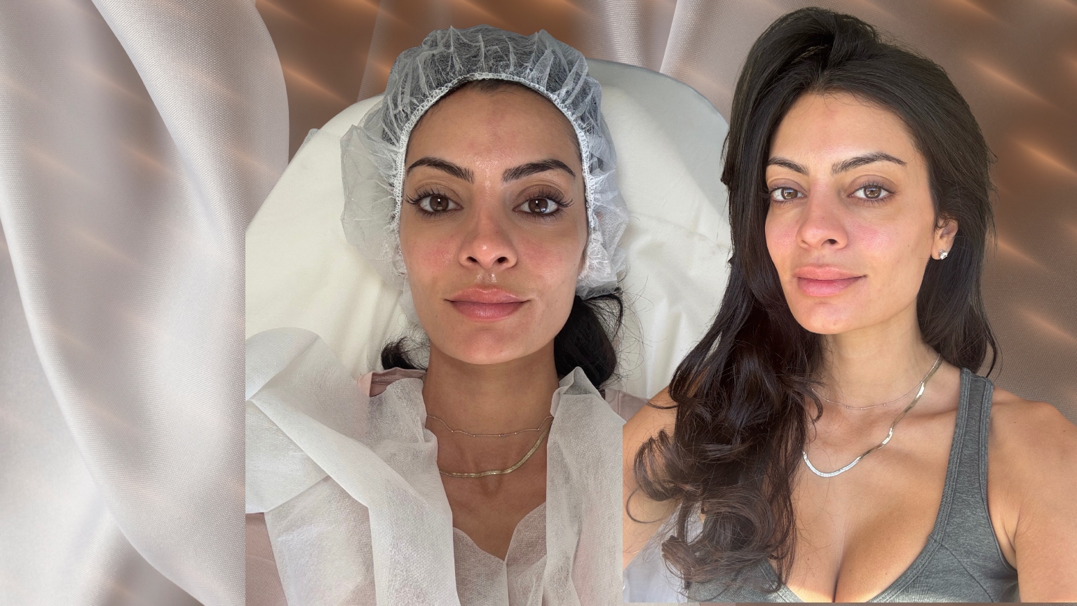 a white woman with dark hair in a duo of photos, one with a hair net and one in a gray tank top, on a glowy background