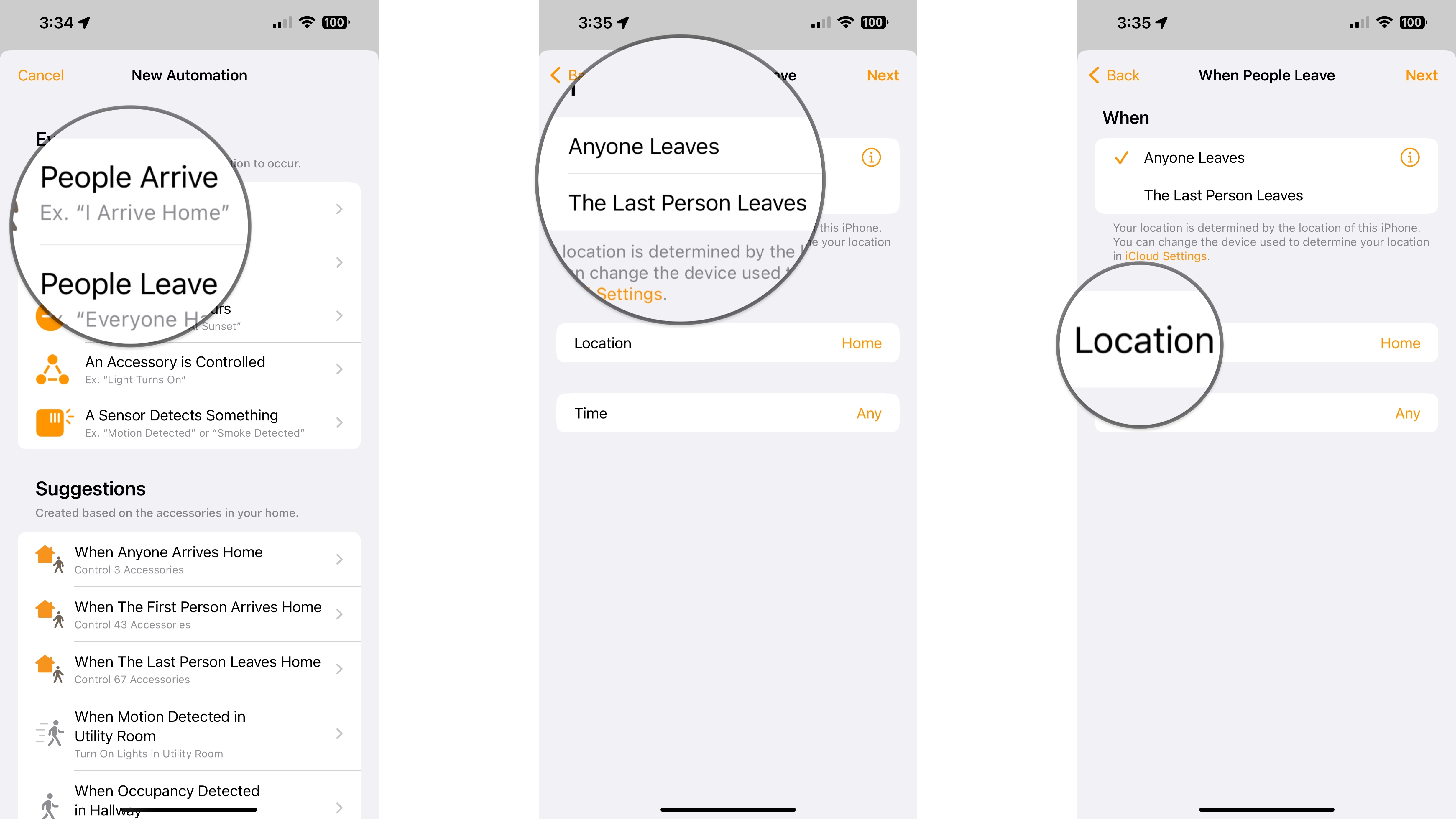 How to create a location automation in the Home app on the iPhone by showing steps: Tap People Arrive or People Leave, Tap When the automation will occur, Tap Location to set a desired location.