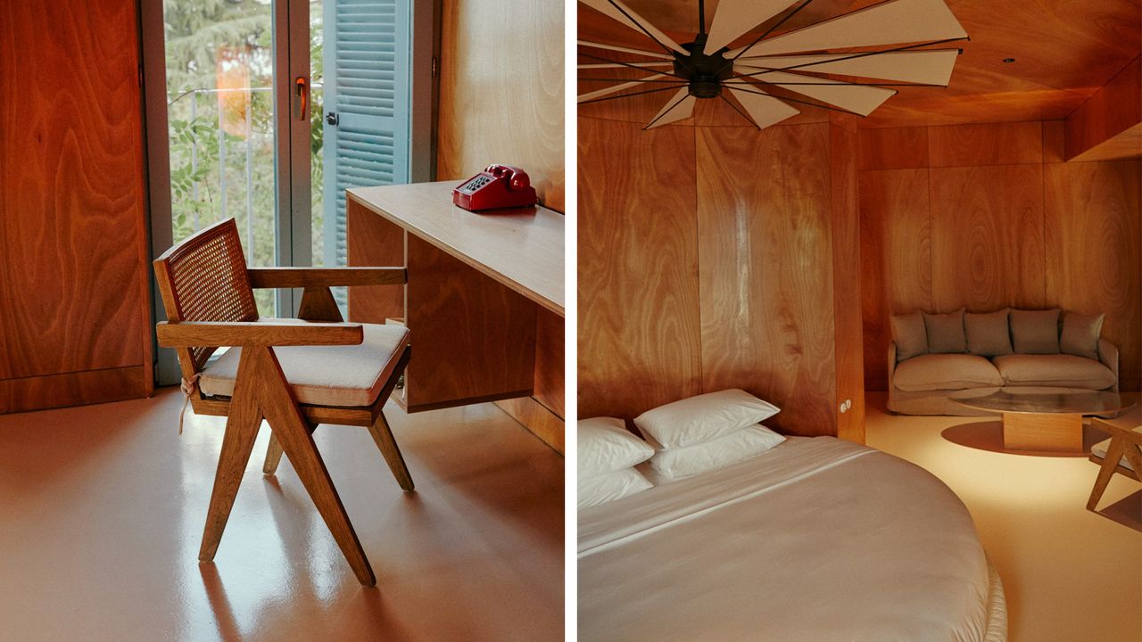 A wooden chair on the left and a round bed on the right