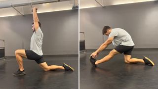 Stretch for bigger squat: samson lunge with hamstring stretch