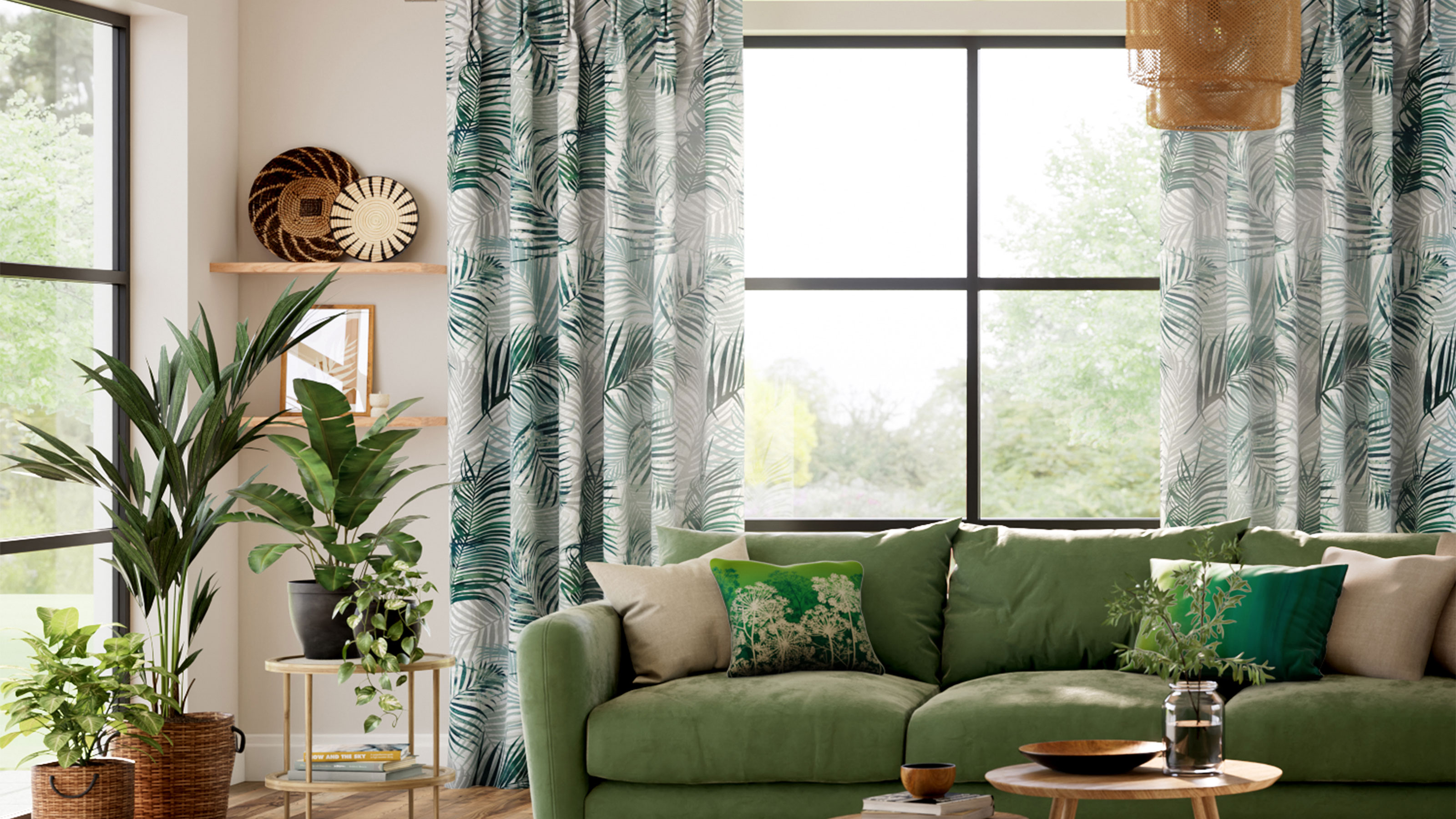 living room with green sofa and palm leaf curtains