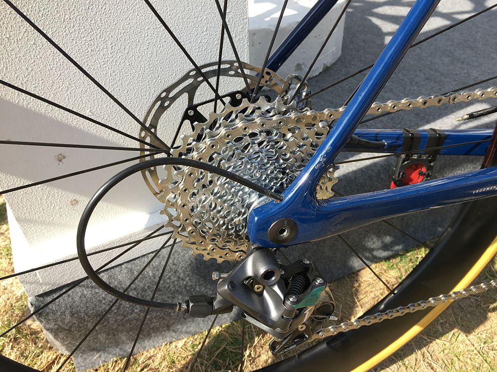 The cassette on the Aqua Blue Sport 3T Strada bikes are almost as big as the disc brakes