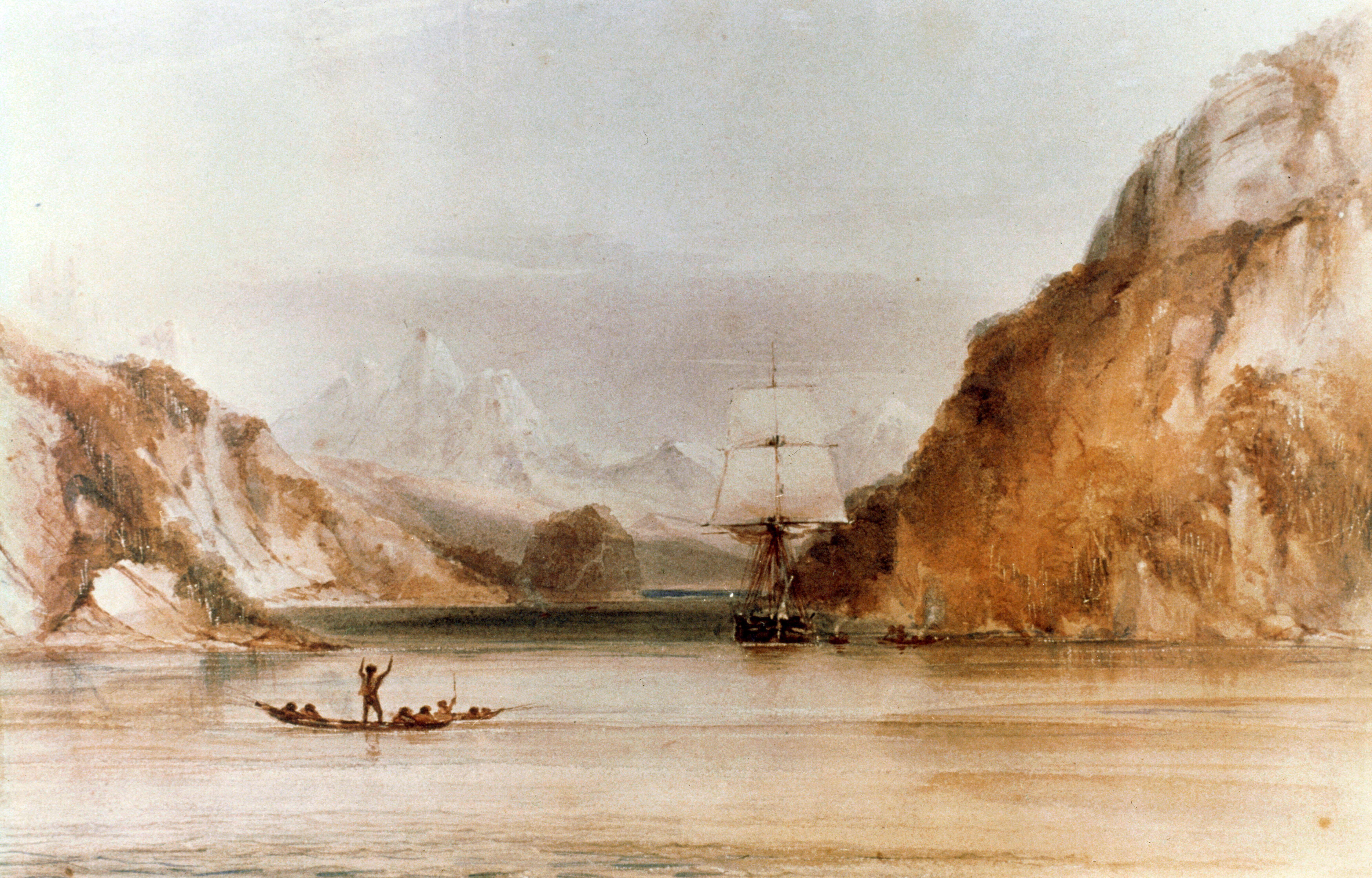 A wide landscape featuring a small boat on the water and high mountains
