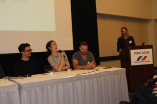 Steven Strait, Cara Gee, Wes Chatham and Kyle Hill during a panel on "The Expanse" during the National Space Society's International Space Development Conference in Los Angeles.