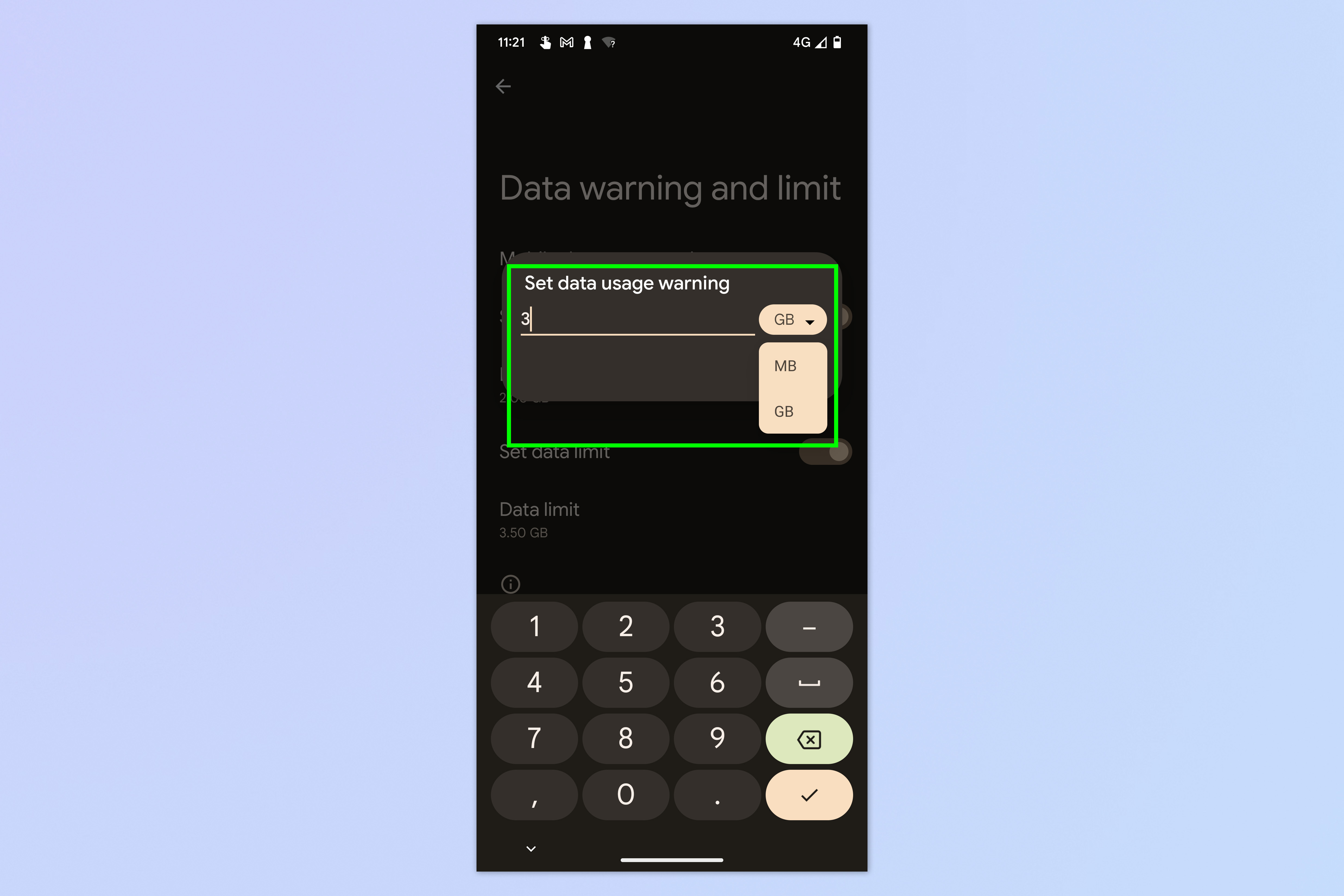 Скриншот, показывающий, как включить ограничения данных на Android