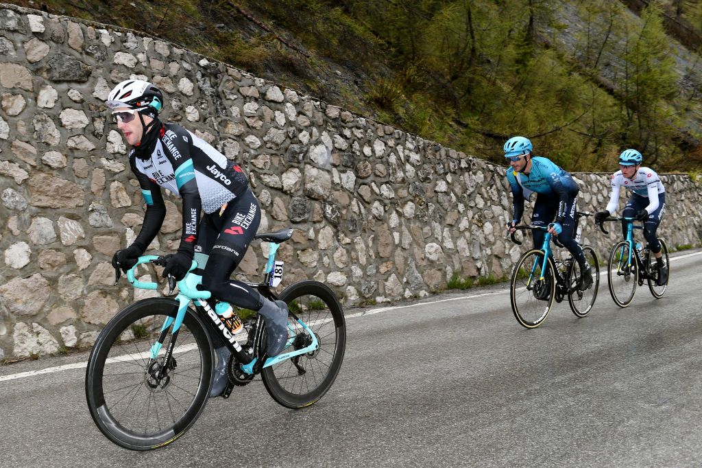 CORTINA DAMPEZZO ITALY MAY 24 Simon Yates of United Kingdom and Team BikeExchange Gorka Izagirre Insausti of Spain and Team Astana Premier Tech Aleksander Vlasov of Russia and Team Astana Premier Tech during the 104th Giro dItalia 2021 Stage 16 a 153km stage shortened due to bad weather conditions from Sacile to Cortina dAmpezzo 1210m girodiitalia Giro on May 24 2021 in Cortina dAmpezzo Italy Photo by Tim de WaeleGetty Images