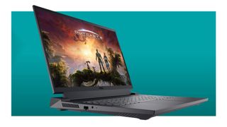 The Dell G16 7630 RTX 4070 gaming laptop on a teal deals background